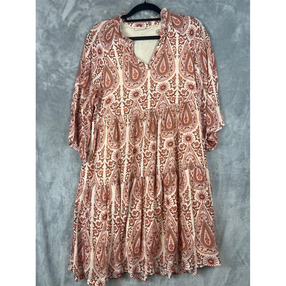 Spartina 449 Paisley Tiered Mini Dress Pink Orange Boho V-Neck Pockets Size M - Picture 10 of 10